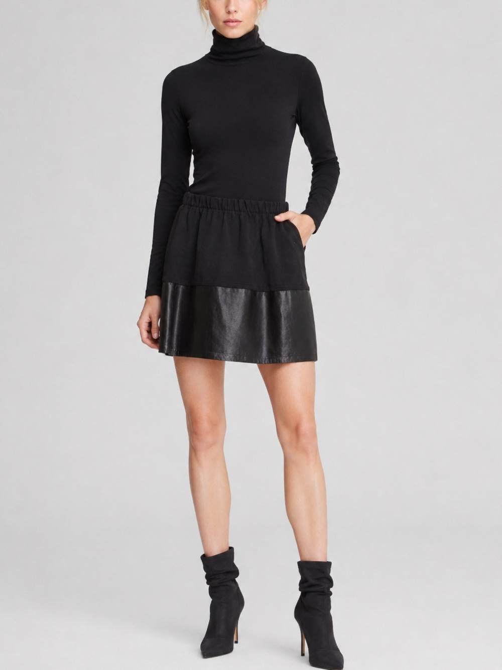 VINCE | Mixed Media Leather Mini Skirt with Pockets in Black, Size Medium